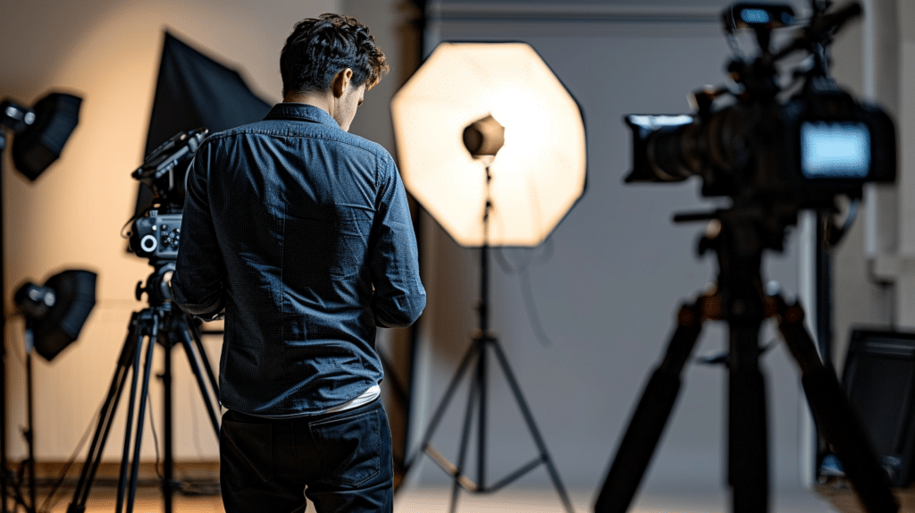 A photographer adjusting studio lighting equipment in preparation for a photoshoot.