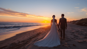 Photographer captures a couple holding hands on a beach at sunset near Oxnard